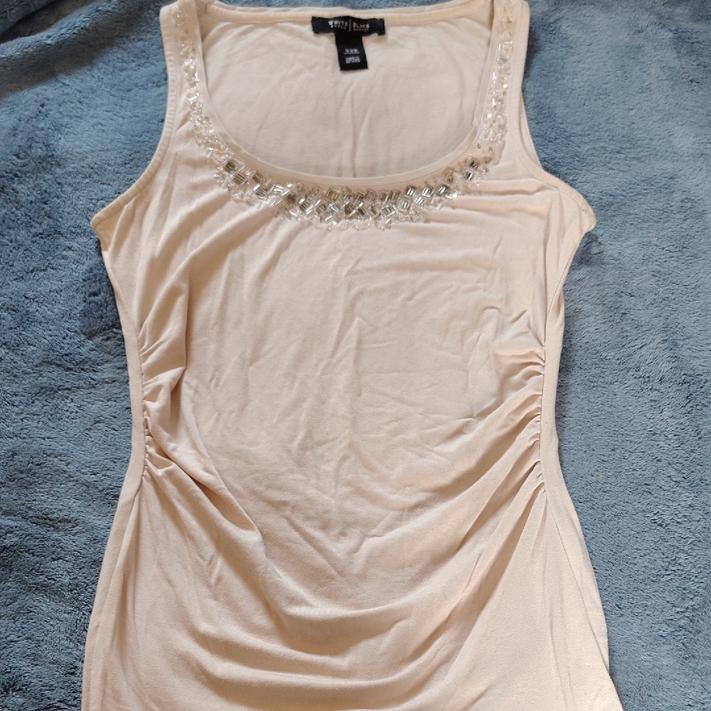 White House Black Market Tan Embellished Ruched Tank Top